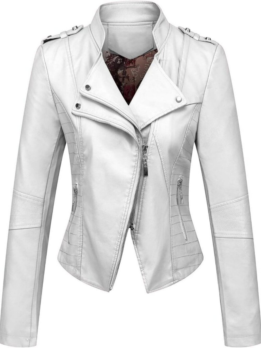 Women's Candy Color Asymmetric Zip Slim Faux Leather Cropped Moto Jacket